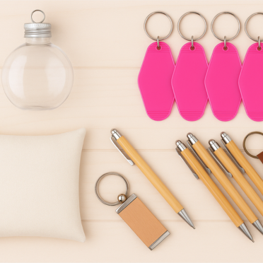 Keychains, pens, and pink tags on a light beige surface