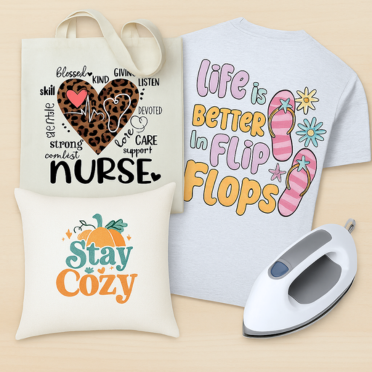 Tote bag, t-shirt, and iron on a beige background