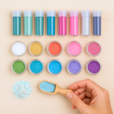 Colorful powder samples in small containers with a hand holding a wooden scoop.