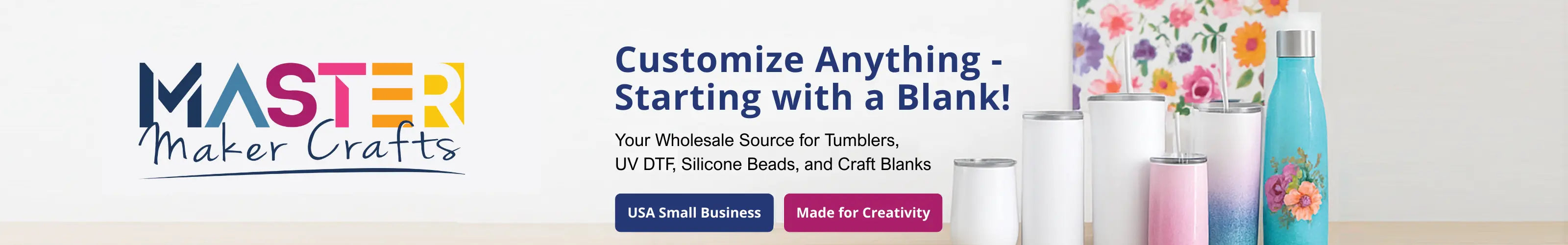 Promotional banner for Master Maker Crafts with craft supplies and branding elements.