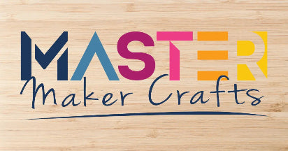 Colorful 'MASTER Maker Crafts' logo on a wooden background