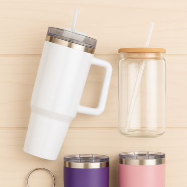 Set of four tumblers with different designs on a wooden surface